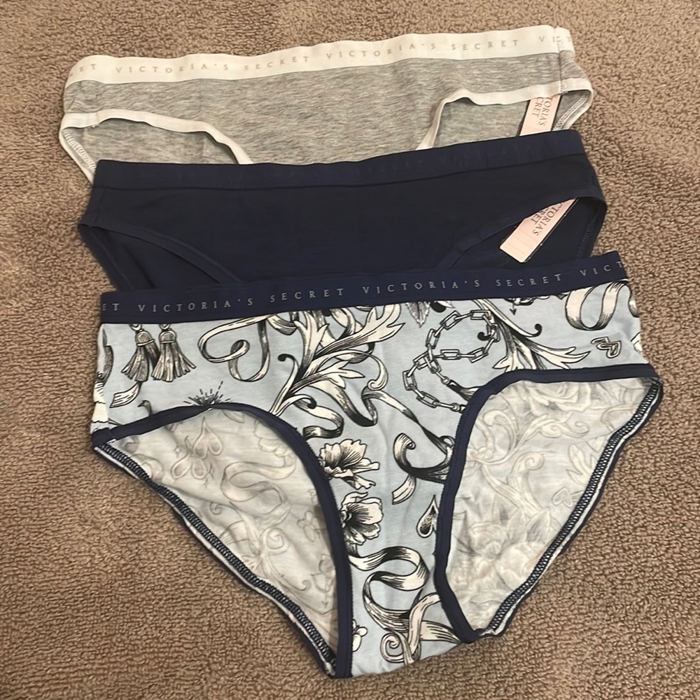 Victoria Secret bundle of 3 underwear Dark gray, striped, and light gray